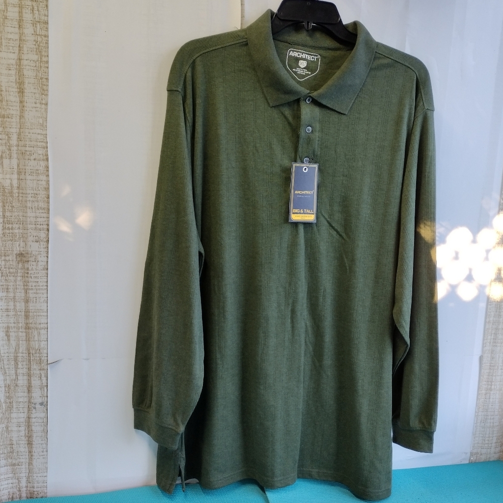 NWT Architect Men's Polo Shirt Long Sleeve Shrink Resistant Green 3XLT